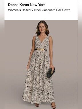 Donna Karan Floral V-Neck Jacquard Maxi Dress in Ivory and Black with Gold Belt
